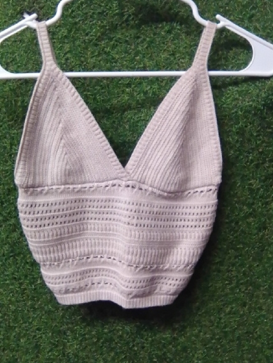 Streetwear Society Tops - Streetwear Society Light Beige Crochet Ribbed V-Neck Crop Top